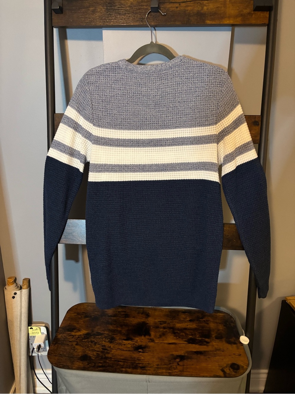 Primark Men's Navy, White & Gray Striped Crewneck Sweater